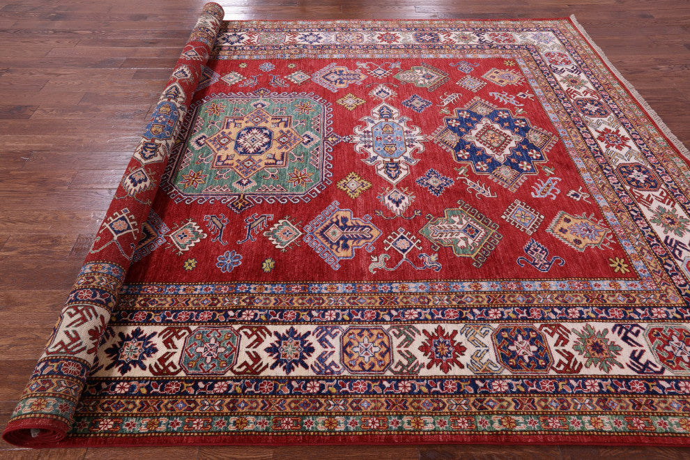 8' 10" X 12' 7" Super Kazak Geometric Handmade Wool Rug Q9523