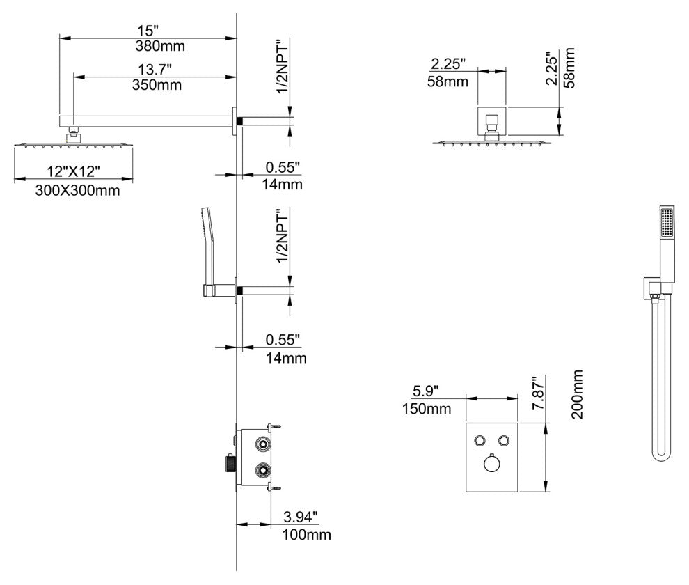 Luxury Wall Mounted Thermostatic Shower System With Rough-In Valve, Brushed Gold
