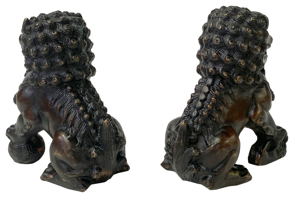 Pair Chinese Oriental Brown Color Metal Fengshui Foo Dog Figures Hws2493