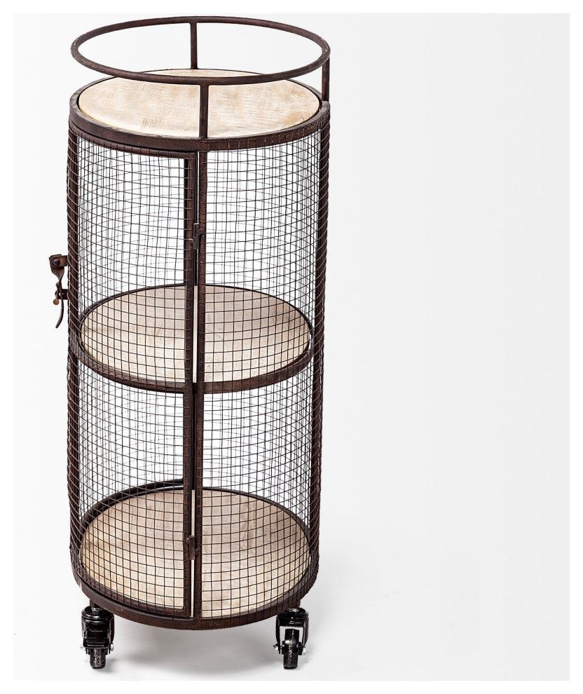 Saluti II Black Metal Oval Caged Frame w/ 3 Wood Shelves Bar Cart