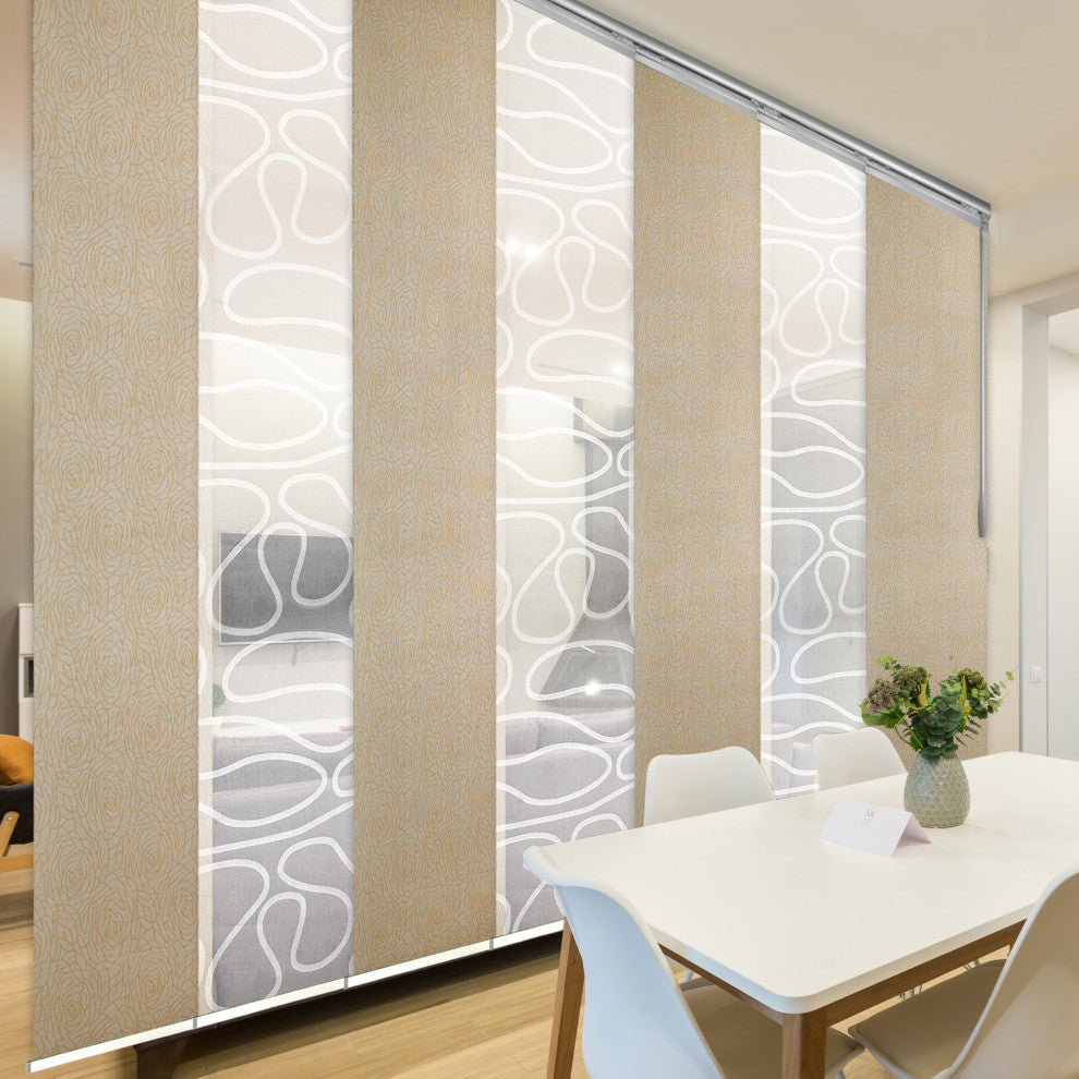 Calisto-Raisa 7-Panel Track Extendable Vertical Blinds 110-153"x94", Satin Nickel Track
