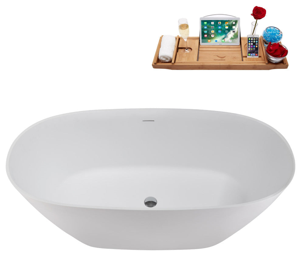 59" Streamline NS5820CH Matte White Stone Resin Bathtub, Tray With Chrome Drain