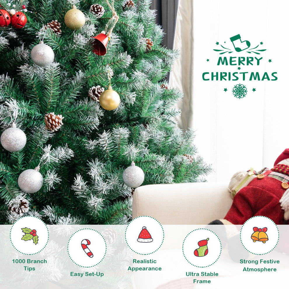 Costway 6ft Snow Flocked Hinged Christmas Tree w/1000 Branch Tips & Pine Cones