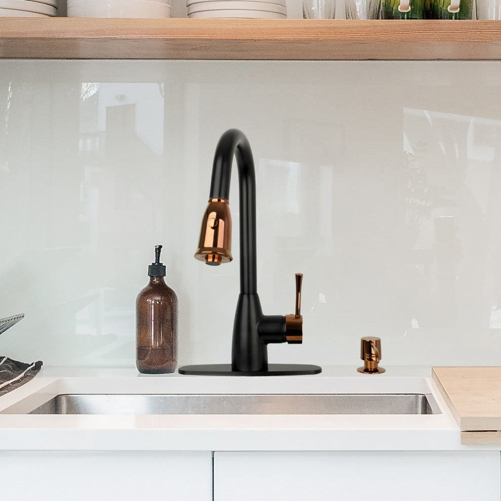 Pull Down Kitchen Faucet With Deck Plate, Two-Tone Matte Black and Rose Gold