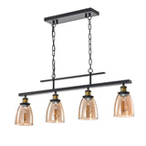 4-Light Antique Black Downlight Linear Kitchen Chandelier With Amber Glass