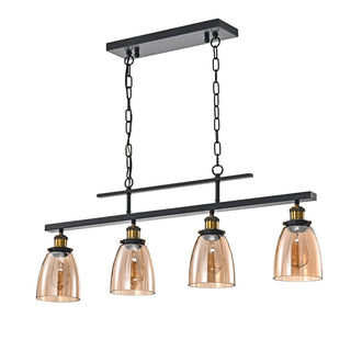 4-Light Antique Black Downlight Linear Kitchen Chandelier With Amber Glass