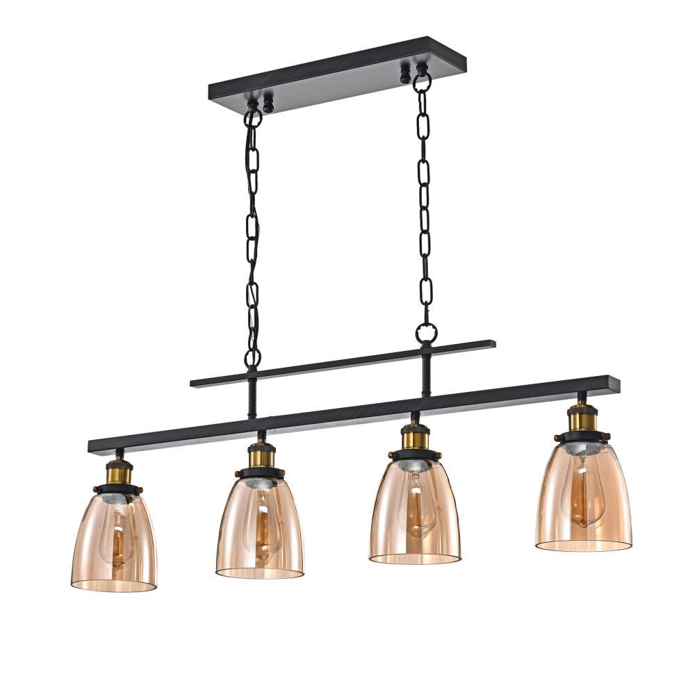 4-Light Antique Black Downlight Linear Kitchen Chandelier With Amber Glass