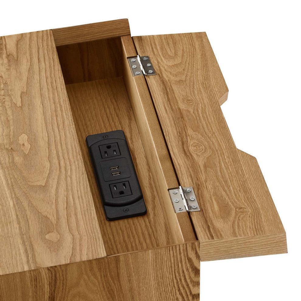 Nightstand Side End Table With USB, Wood, Brown Natural White, Modern