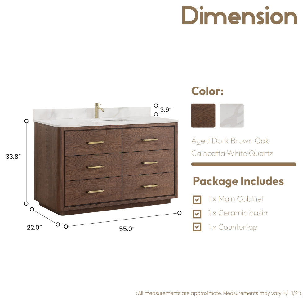 Porto Bath Vanity with White Quartz Stone Top, Dark Brown Oak, 55 in., No Mirror