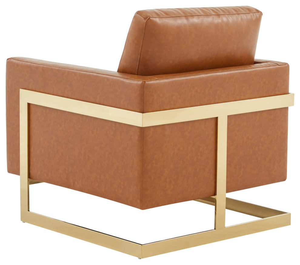 LeisureMod Lincoln Modern Leather Accent Arm Chair With Gold Frame, Cognac Tan