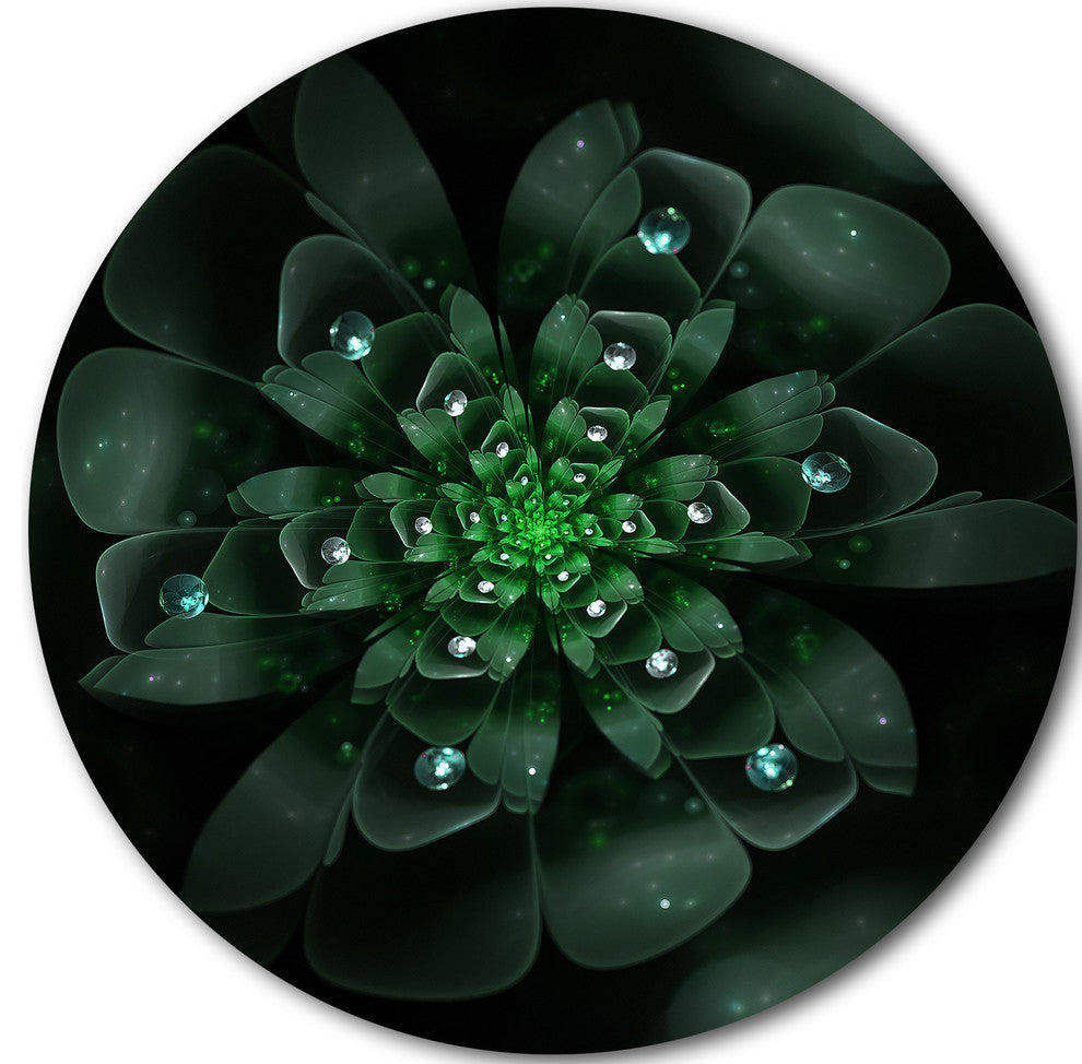 Glowing Crystal Green Fractal Flower, Floral Disc Metal Artwork, 36"