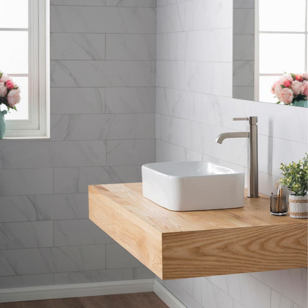 Elavo Rectangle Ceramic Vessel Sink, Bathroom Ramus Faucet, Drain, Nickel