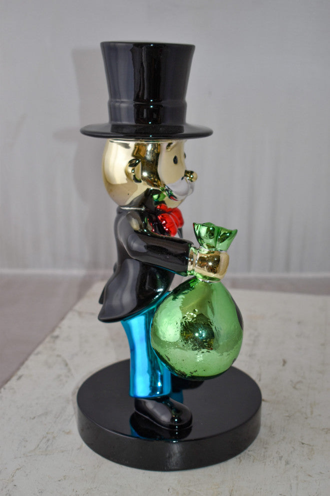 Frowning Monopoly Man Holding Money Bag Resin Statue Small Size: 7" x 8" x 15"