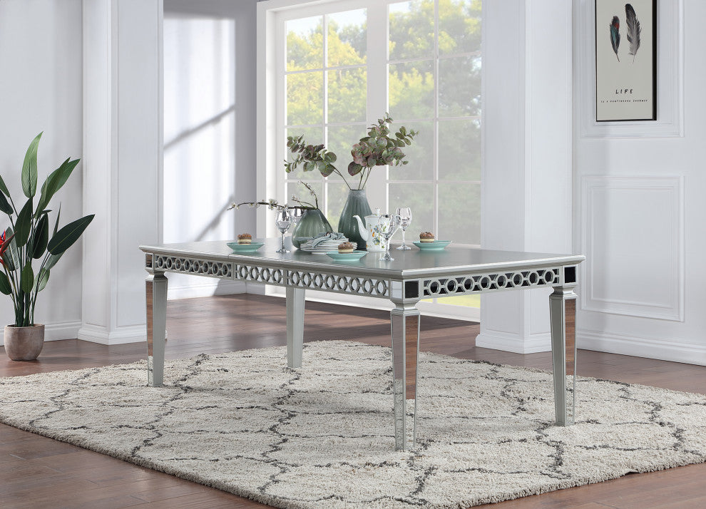 Geneva Silver Champagne Wood Top 90" 4 Legs Dining Table Seats 8