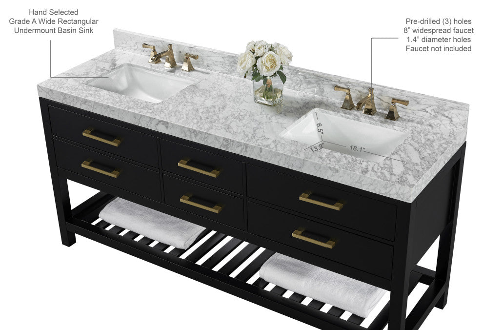 Arcadia Bath Vanity, Black Onyx, 72", Gold Hardware, Double, Freestanding