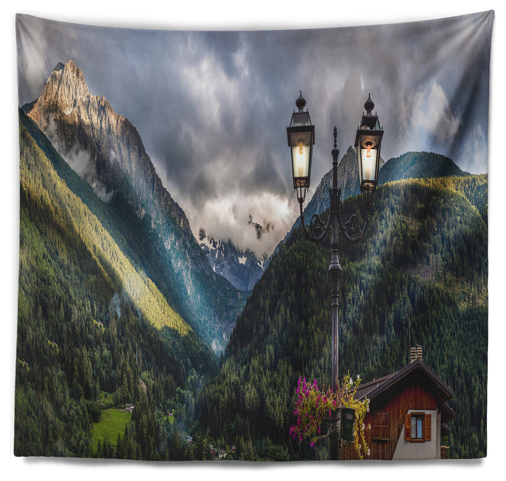 Lamp Posts in Mountain Panorama Landscape Wall Tapestry, 80"x68"