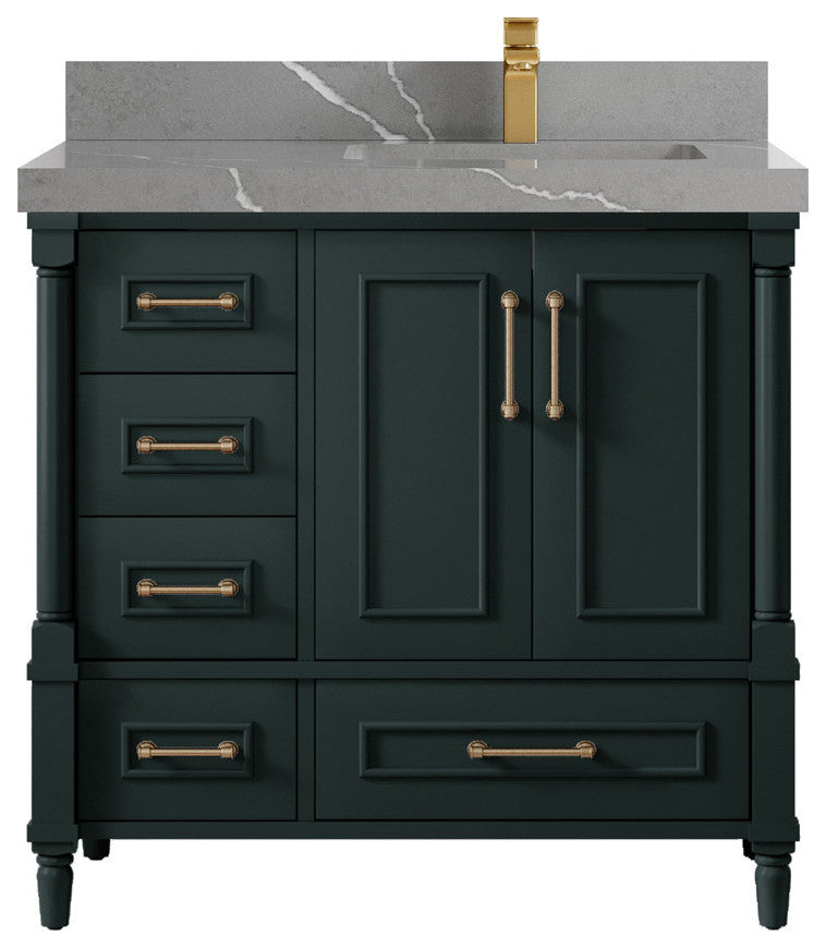 Aberdeen 36 Right Offset Bath Vanity in Dark Forest Green 2" Piatra Gray