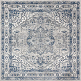 Modern Persian Vintage Medallion Light Grey/Navy 6' Square Area Rug