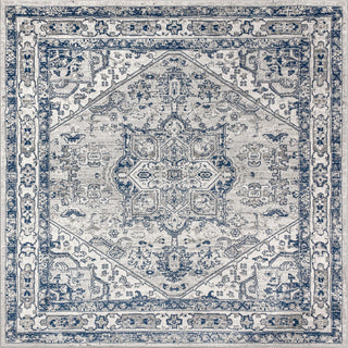 Modern Persian Vintage Medallion Light Grey/Navy 6' Square Area Rug