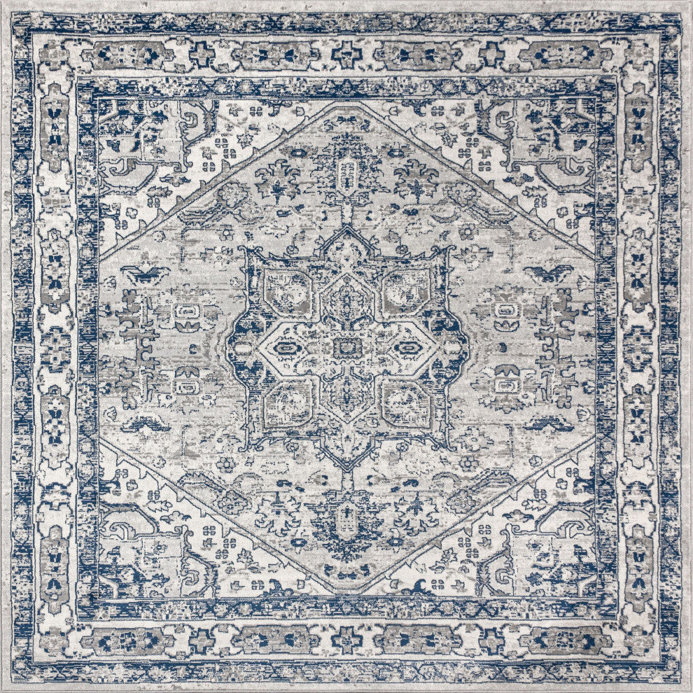 Modern Persian Vintage Medallion Light Grey/Navy 6' Square Area Rug