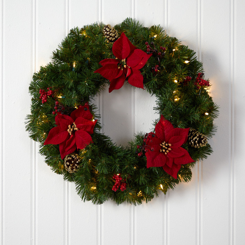 24" Poinsettia, Berry and Pinecone Faux Wreath With 50 Warm White LED Lights