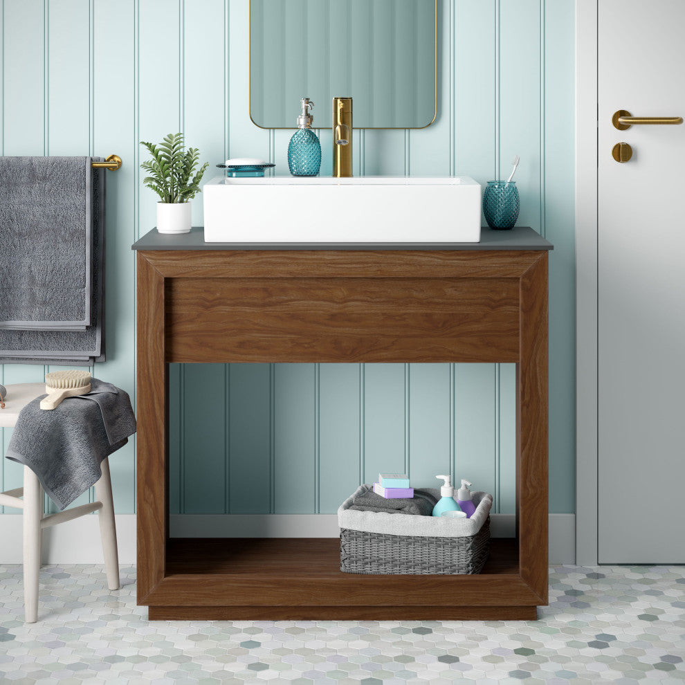 Rennes 36" Reclaimed Wood Vanity, Walnut With Slate Countertop/Vessel Sink
