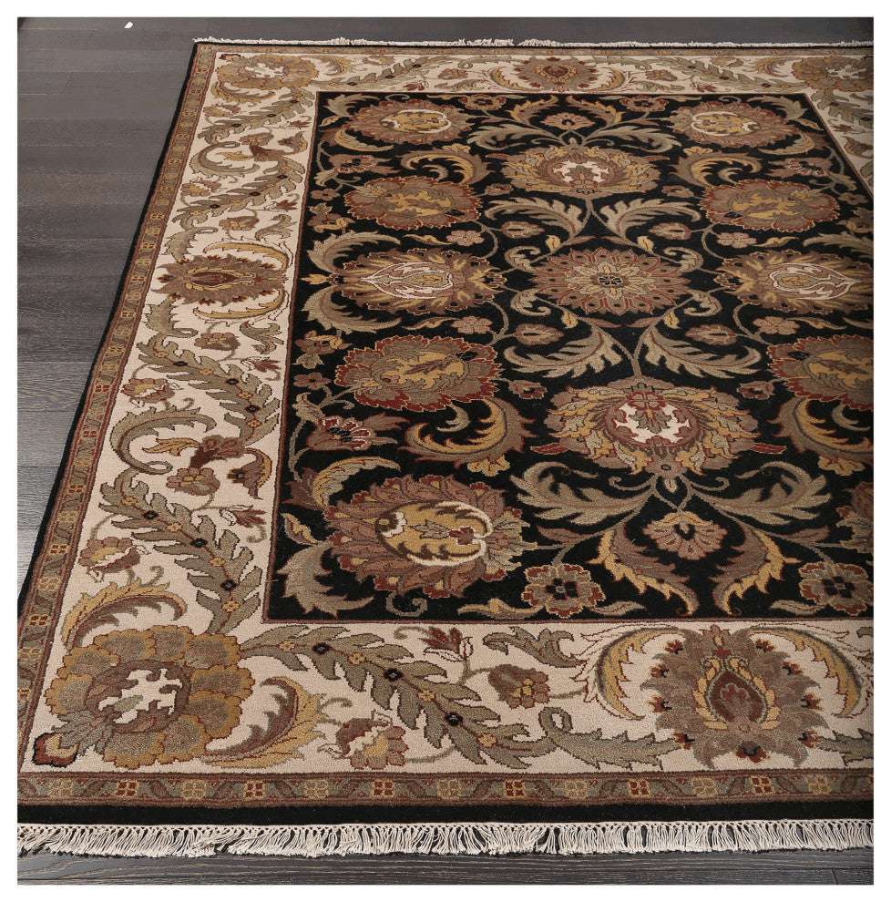 Agra AG-01 Traditional Floral Black Hand Knotted Wool Rug 6'x9'