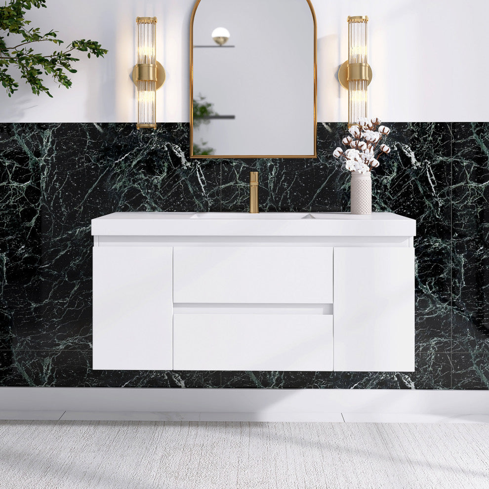 Wall-Mounted Bathroom Vanity with Integrated Resin Sink, White, 48in.