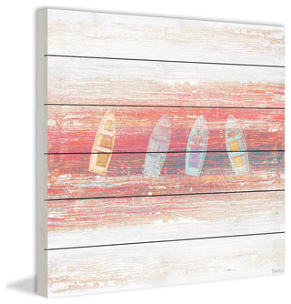 "Four Small Boats" Painting Print on White Wood, 32"x32"