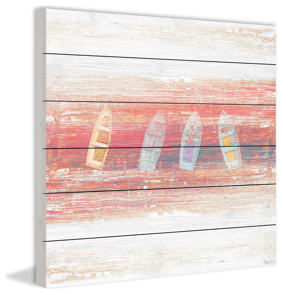 "Four Small Boats" Painting Print on White Wood, 32"x32"