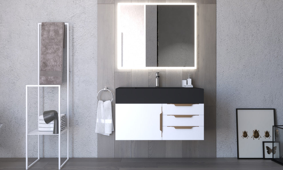 CastelloUSA Nile 36" Wall Mounted Vanity Set, White, Black Top, Gold Handles