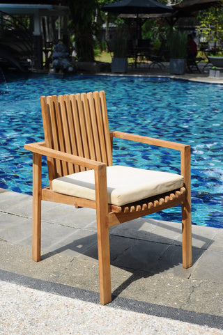 9-Piece Outdoor Teak Dining Set: 117" Oval Ext Table, 8 Clip Stacking Arm Chairs