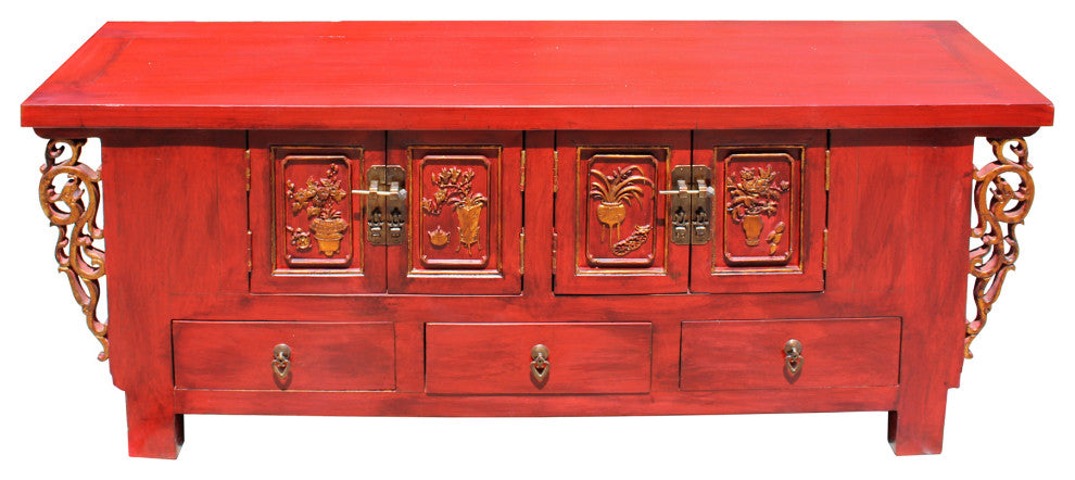 Chinese Distressed Red Dragon Motif TV Console Table Cabinet Hcs5728