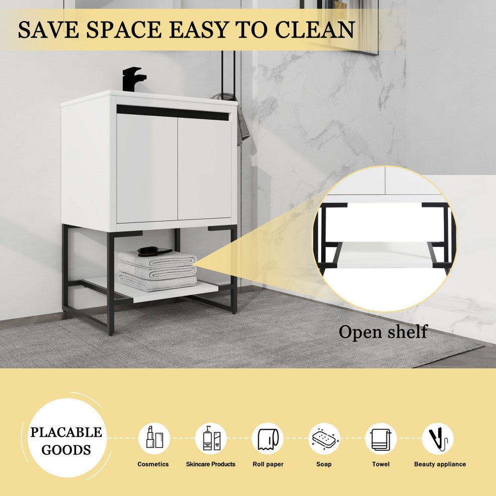 24" Plywood Freestanding Bath Vanity Set, Integrated Resin Basin