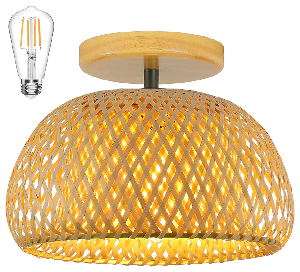 Bamboo Semi Flush Mount Ceiling Lamp, Boho Ceiling Light Fixture