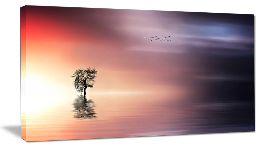 "Lonely Tree And Birds Panorama" Extra Large Wall Art Landscape, 40"x20"