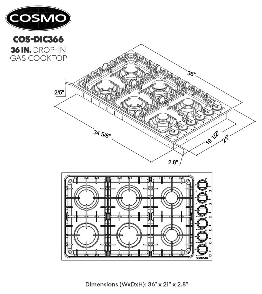 36" Luxury Gas Cooktop in Stainless Steel With 6 Italian Burners Easy Clean