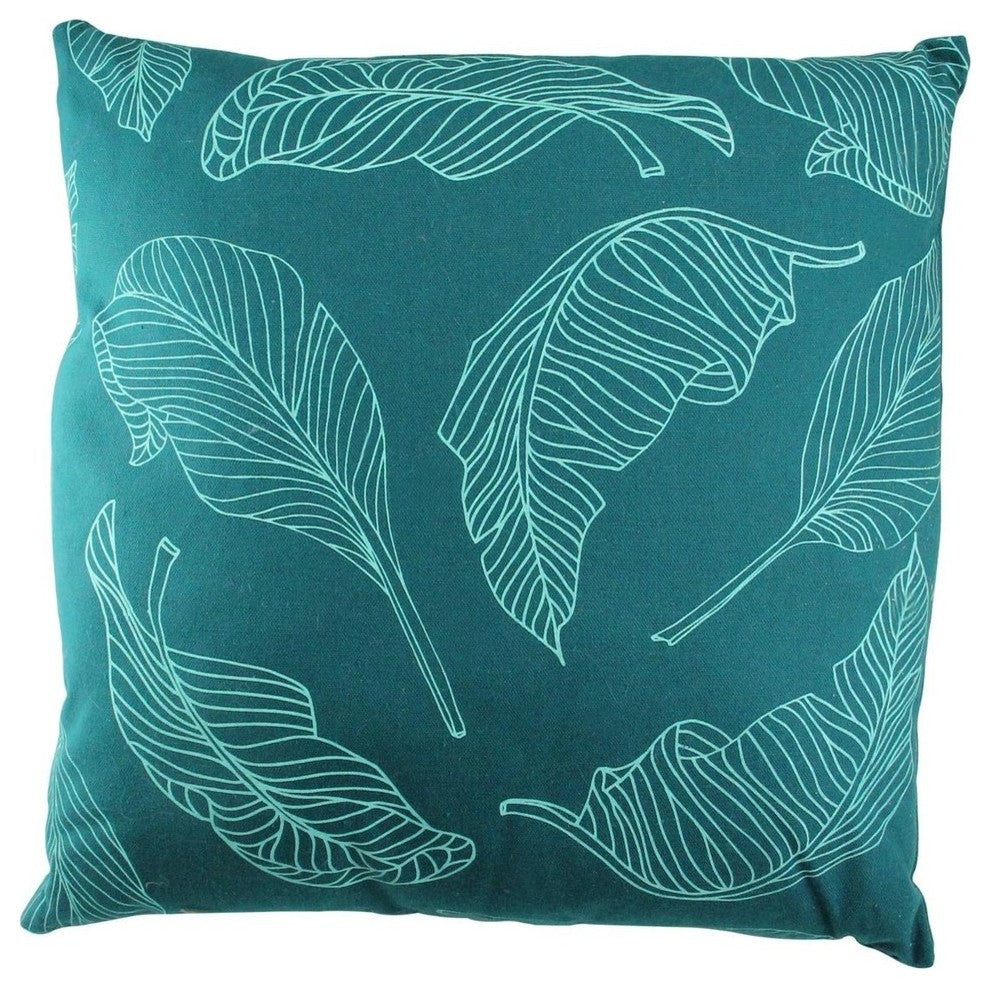 17" Teal Green Tropical Leaf Printed Square Throw Pillow
