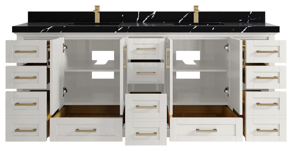 Boston 84" Double Sink Bath Vanity in Alabaster 2" Calacatta Black