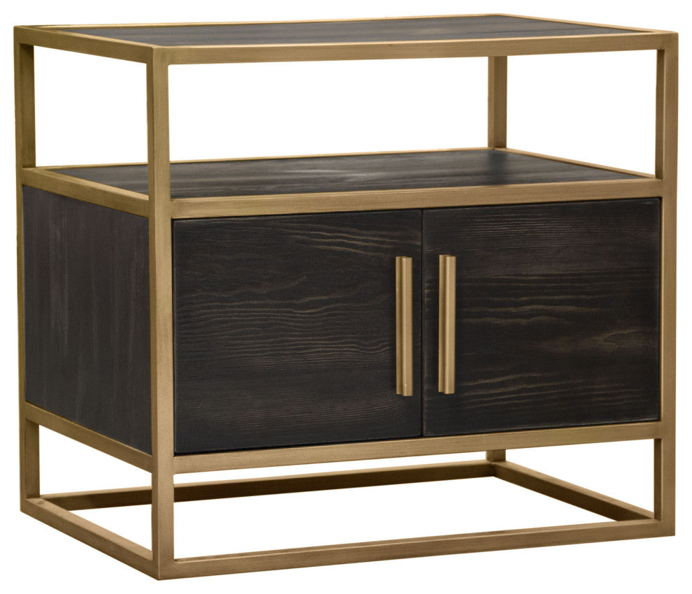 Empire 2-Door End Table, Dark Brown Veneer With Hand brushed Gold Metal Frame
