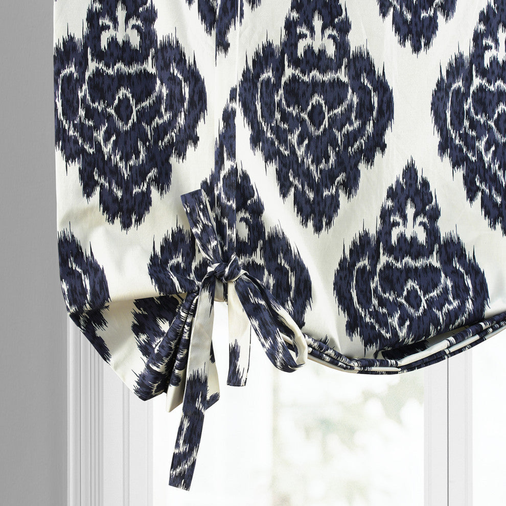 Ikat Blue Printed Cotton Tie-Up Window Shade Single Panel, 42W x 63L