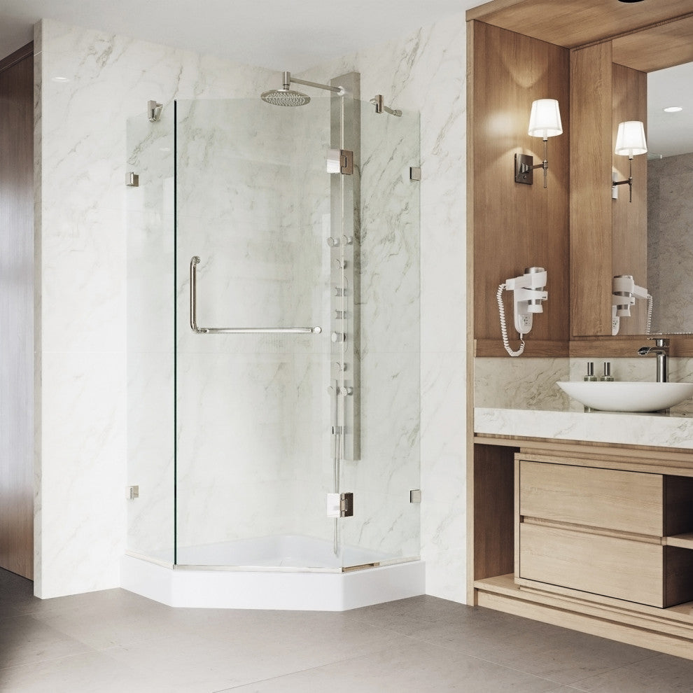 VIGO Piedmont Frameless Hinged Neo-Angle Shower Enclosure, Brushed Nickel, 40" D X 40" W, High Base
