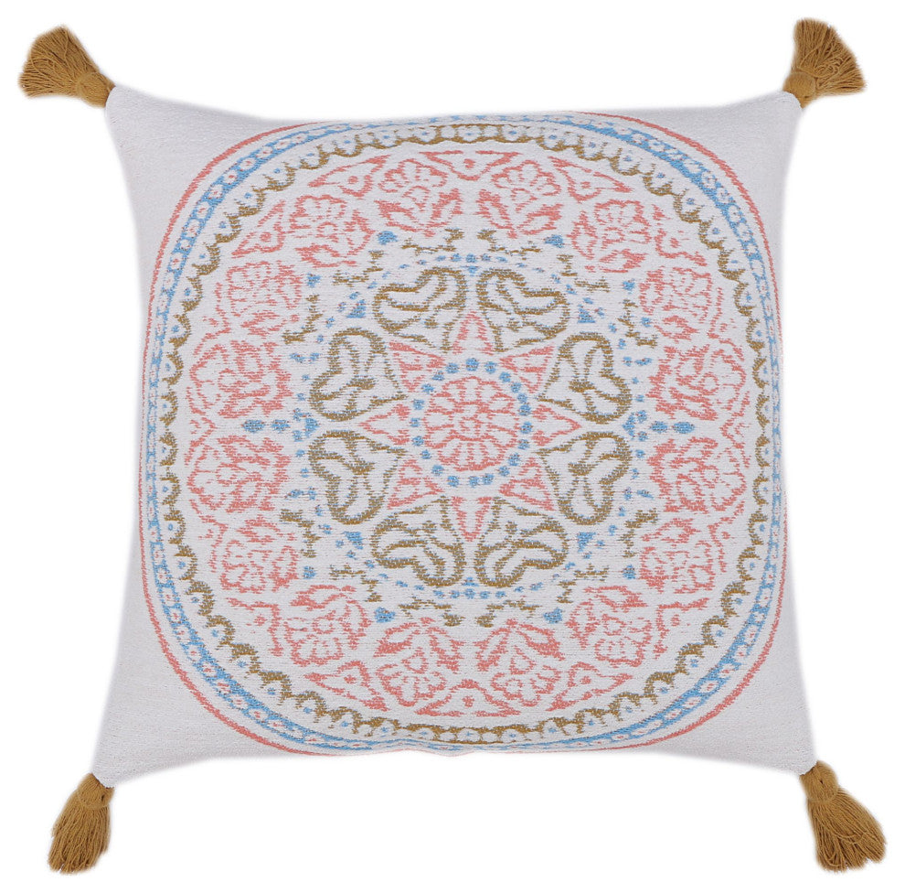Peach & Blue Machine Woven with Tassels Engels Throw Pillow, 20" x 20"
