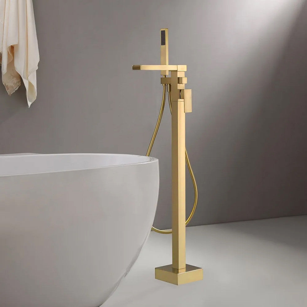 Modern Waterfall Freestanding Bathroom Bathtub Faucet Floor Mount Tub Filler, Brushed Gold