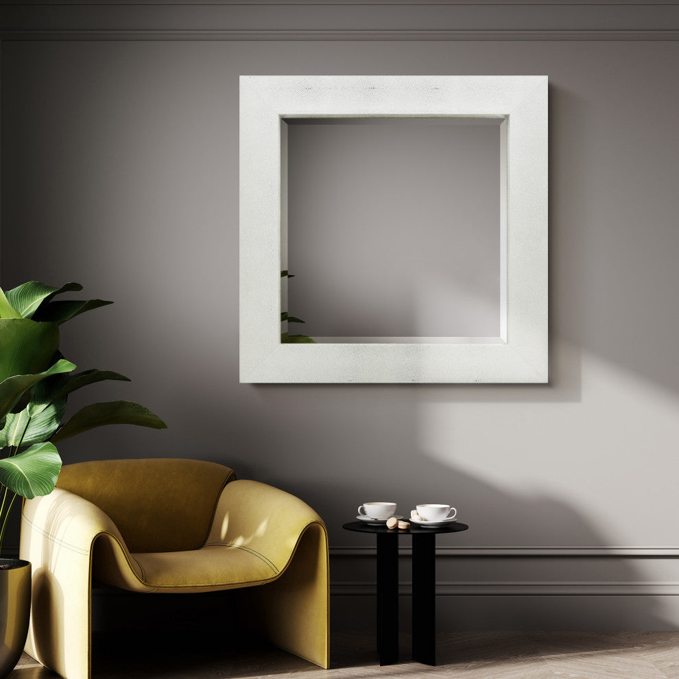 Beveled Wall Mirror,Silver on White Metallic Shagreen Leather Framed Mirror