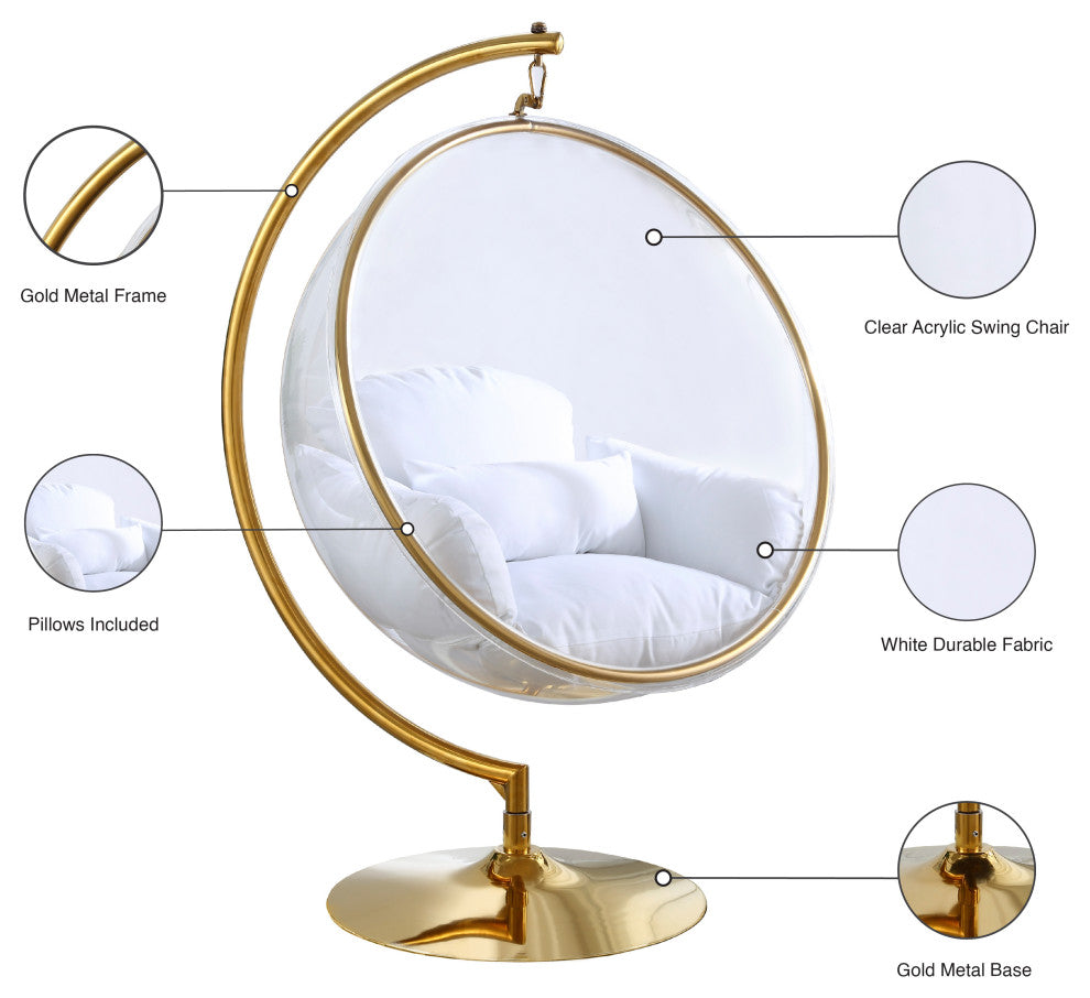 Luna Metal Acrylic Swing Bubble Accent Chair With Stand, White, Gold Base