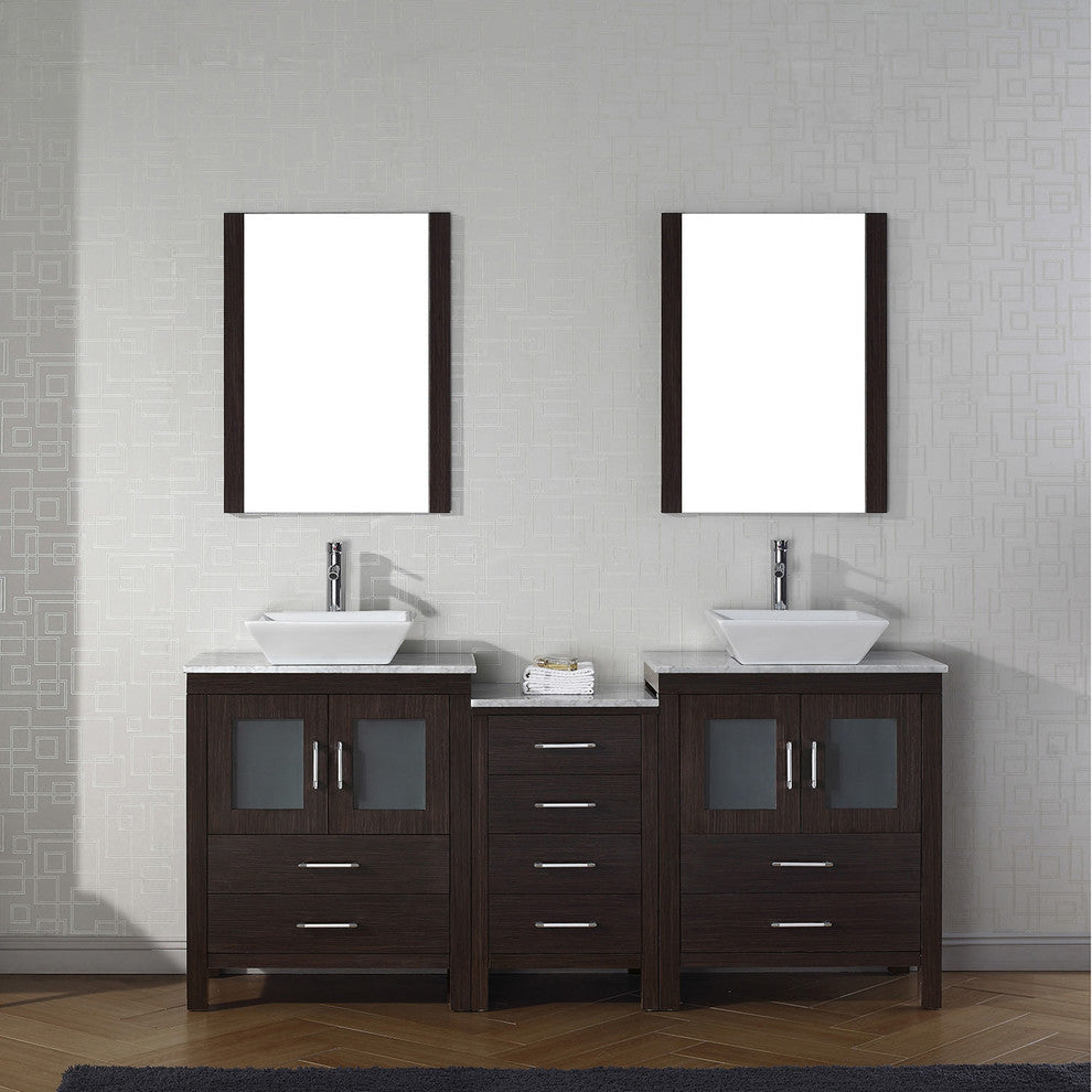 Virtu Dior 74" Double Bathroom Vanity, Espresso With Faucet and Mirrors