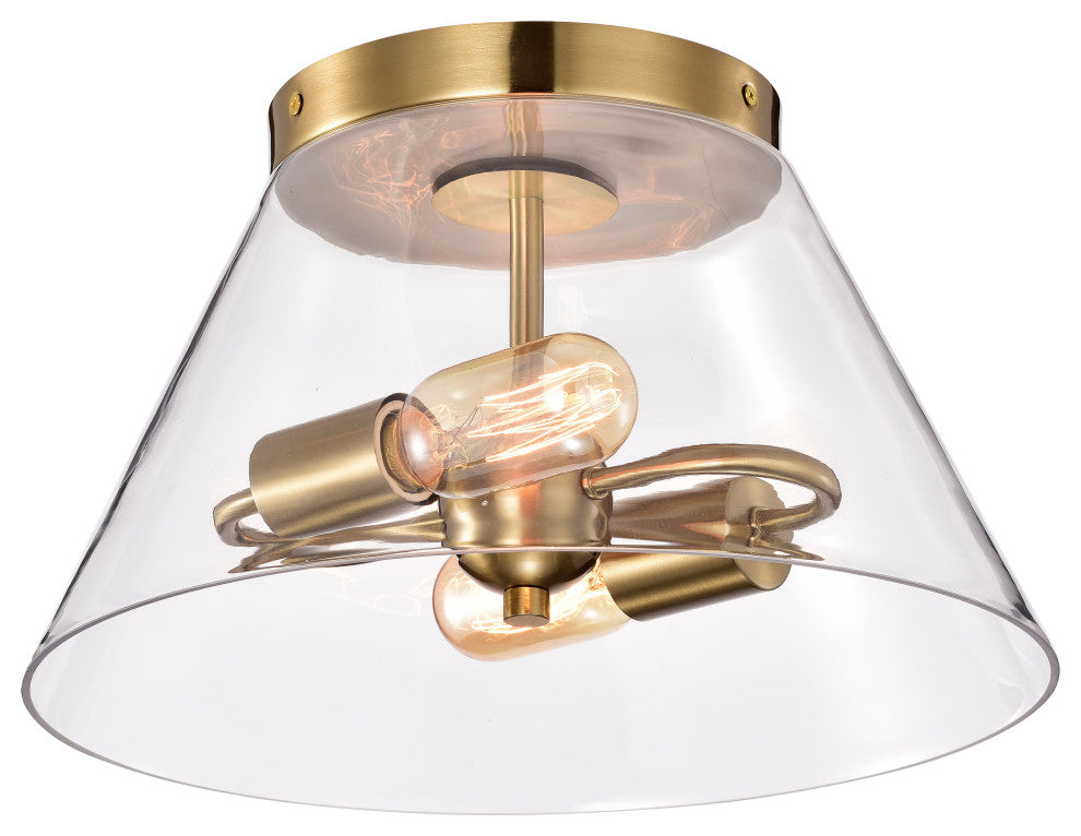 Dover 2-Light Small Flush Mount Fixture, Vintage Brass With Clear Glass