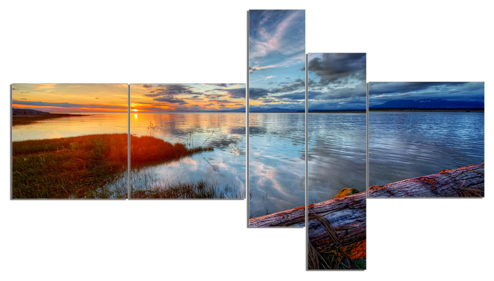 Colorful River Sunset With Log, Seashore Canvas Art Print, 60"x32", 5 panels