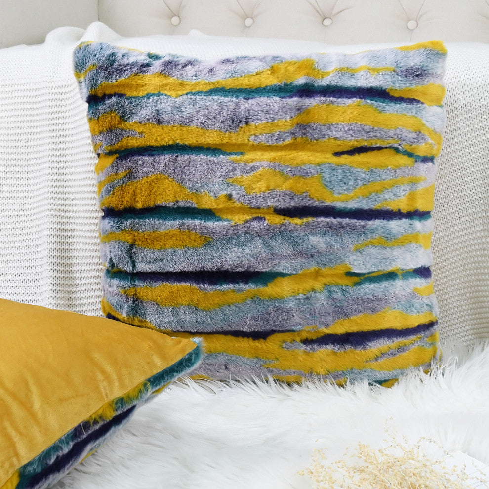 Multi Jacquard Faux Fur Pillow Covers Set of 2, Teal, 26''x26''